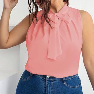 Sleeveless Tie Neck Pink Blouse